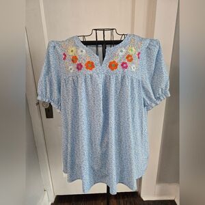 Floral Embroidered Blue Women's Top